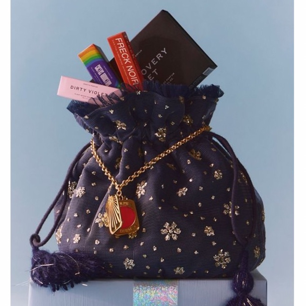 Free People Seasons Sparkle Mini Gift Sack Embroidered Pouch Bag Blue NWT NEW